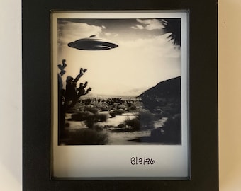 Framed Black and White Polaroid of a UFO Flying over Joshua Trees. A Summer Fling. The Galacticae Cognitae