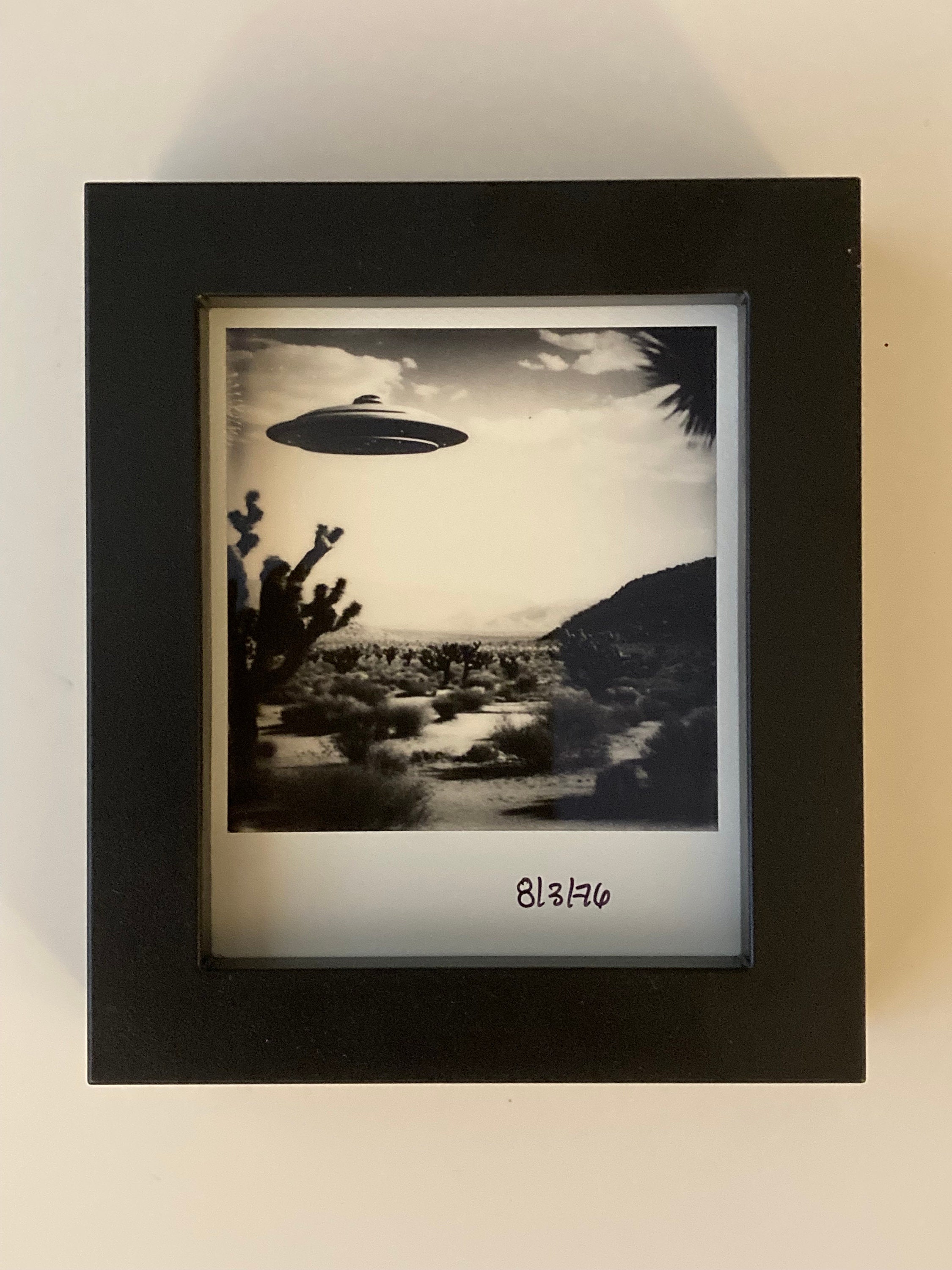 Black and White Polaroid of a UFO Flying over Joshua Trees. A Summer Fling. The Galacticae Cognitae
