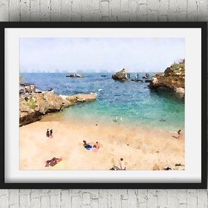 Biarritz, País Vasco, Francia. Ilustración artística de paisaje de playa para tomar el sol Obra de arte original Póster de viaje Descarga digital Arte Océano Regalo