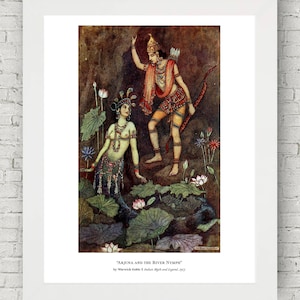 Indyjski mit i legenda, Arjuna, bajka, ilustracja, hinduska sztuka dekoracyjna hindi Vana Parva Mahabharata historia miłosna mitologia bajka vintage