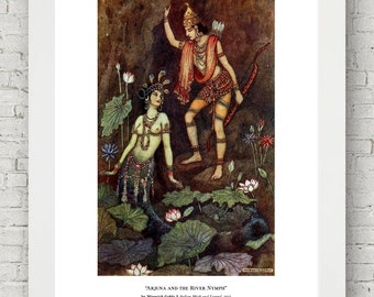 Indian Myth & Legend, Arjuna, Fairy Tale, Illustration, Hindu Art Decor Hindi Vana Parva Mahabharata Love Story Mythology Fable Vintage