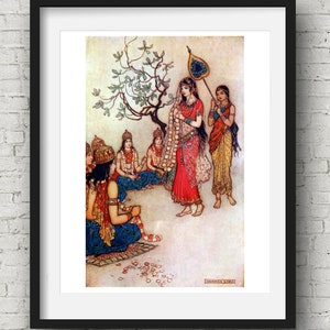 Indyjski mit i legenda, ilustracja baśni Damayanti, hinduska sztuka, dekoracja, hindi, Vana Parva, Mahabharata, historia miłosna, bajka, prezent w stylu vintage