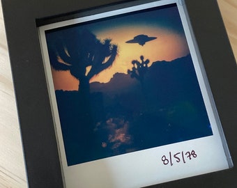 Polaroid of a UFO Flying over Joshua Trees at Dusk