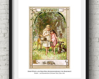 Blanche-Neige et Rose Rouge, Frères Grimm Conte de Fées Art Illustration Salle de jeux Enfants Décor Enfants Mignon Crèche Fantasy vintage Télécharger Cadeau