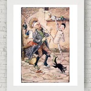 Pinocchio, Mit Geppetto, Vintage Kunst, Märchen Kunst, Antike Illustration, Geschenkidee, italienischer Vintage, Wand dekor, Kunstdrucke Poster,