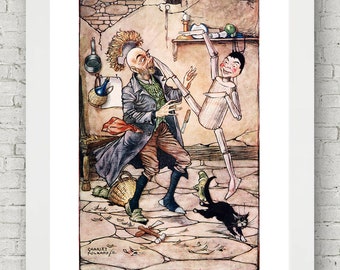 Pinocchio, With Geppetto, Vintage Art, Fairy Tale Art, Antique Illustration, Gift Idea, Italian Vintage, Wall Decor, Art Prints Posters,