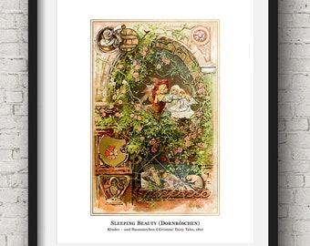 Sleeping Beauty, Brothers Grimm Fairy Tale Art Illustration Playroom Childrens Decor Kids Cute Nursery Fantasy Download Gift Fairytale Art
