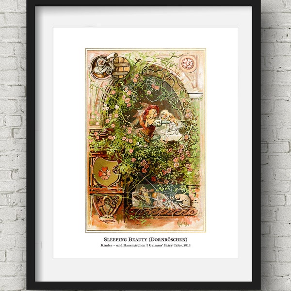 Sleeping Beauty, Brothers Grimm Fairy Tale Art Illustration Playroom Childrens Decor Kids Cute Nursery Fantasy Download Gift Fairytale Art