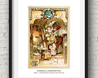 Cendrillon, Frères Grimm Conte de fées Art Illustration Salle de jeux Enfants Décor Enfant Mignon Crèche Fantasy vintage Télécharger Cadeau Conte de Fées Cadeau