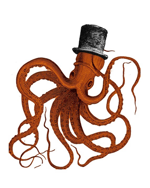 Orange Octopus in Top Hat. Beautiful 