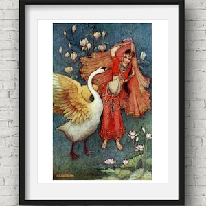 Indyjski mit i legenda, Damayanti, Bajkowa sztuka, Ilustracja, Sztuka hinduska, Wystrój hinduski, Hindi, Vana Parva, Mahabharata, Historia miłosna, Mitologia