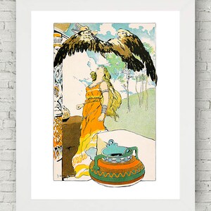 Fliegen, nordische Geschichten aus den Eddas, Vintage Jungenzimmer, Kinderzimmer Dekor, Illustration, Märchenbuch Druck, Wohnkultur, Kunst für Jungen, Mythen