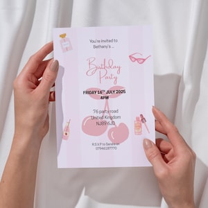 Invitación de cumpleaños con tema rosa, linda invitación femenina, descarga instantánea, editable, evite/impresión