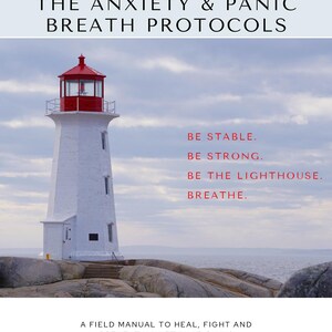 May include: A white lighthouse with a red roof stands on a rocky shore. The text "BE STABLE. BE STRONG. BE THE LIGHTHOUSE. BREATHE." is written in red on a blue background. The text "A FIELD MANUAL TO HEAL, FIGHT AND PREVENT ANXIETY AND PANIC" is written in black on a white background. The text "INSTAGRAM @ROMANLABP EMAIL: PANICBREATH@GMAIL.COM" is written in black on a white background.