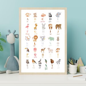Póster ABC Animales – Pósters de aprendizaje para niños | Alfabeto de la A a la Z | Póster imprimible para guardería | Archivo PDF digital A4