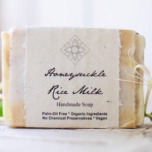 Honeysuckle Rice Milk Organic Soap, Palm Oil Free, Vegan, Wrapped in Flower Seeded Paper, 4.5 oz.