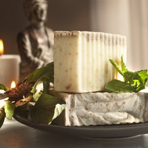May include: Two bars of handmade soap, one white and one gray, are stacked on a black plate. The soap is decorated with small flecks of brown and white. Green leaves are arranged around the soap. The soap is sitting on a white surface.