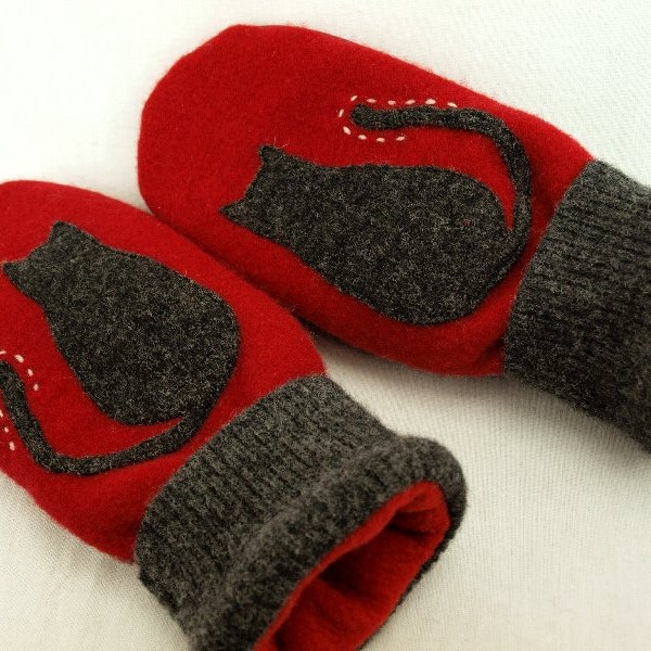 Cat Mittens Felted Wool in Red, Dark Grey and White with Cat Applique and Leather Palm Eco Friendly  Size S