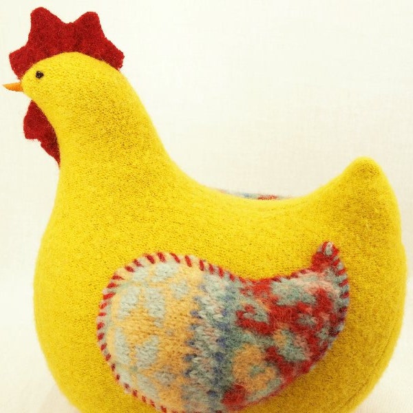 Yellow, Red and Turquoise Chubby Home Decor Interior Spring Nursery Chicken Hen Upcycled Wool Knitwear Lamb Wool Stuffing Height about 7"