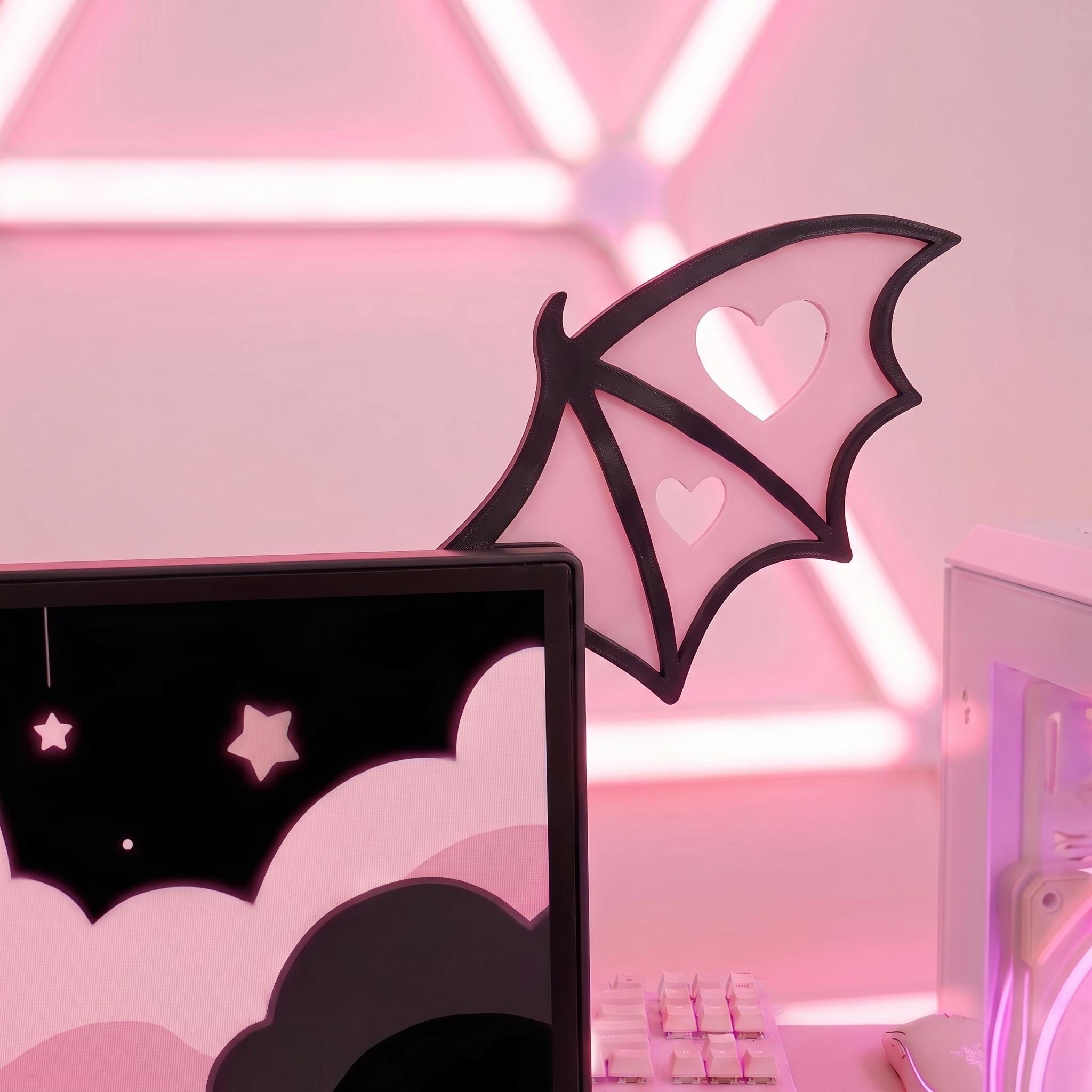 Kawaii bat wing monitor attachment pastel goth screen decor for egirl desk setup