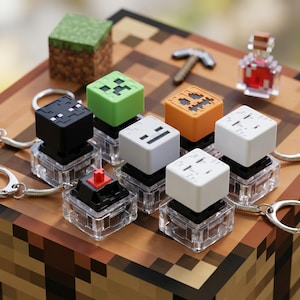 Könnte beinhalten: Eine Sammlung von Minecraft-Schlüsselanhängern mit verschiedenen Charakterdesigns. Die Schlüsselanhänger haben eine quadratische Form mit pixeligen Details in Schwarz, Grün, Orange, Weiß und Braun. Jeder Schlüsselanhänger hat eine transparente Kunststoffbasis und einen silbernen Schlüsselring.