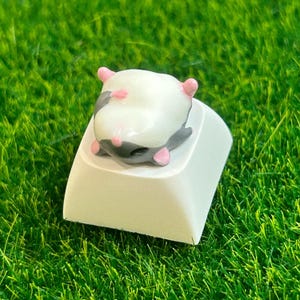 Può includere: Un tasto bianco per tastiera con una statuetta di orso panda stampata in 3D. Il panda è bianco, grigio e rosa, con le zampe e le orecchie rosa. Il tasto è rettangolare e poggia su una superficie erbosa verde.