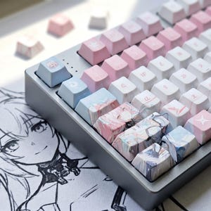 Può includere: Una tastiera meccanica con tasti personalizzati. I tasti presentano una sfumatura di colori, tra cui rosa, bianco e blu. Alcuni tasti hanno illustrazioni in stile anime. La tastiera è appoggiata su un tappetino per mouse illustrato in bianco e nero.