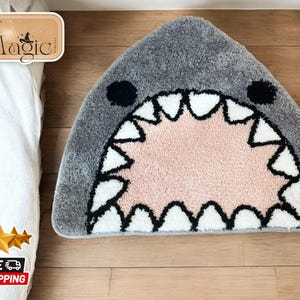 Grey Tufting Shark Bathroom Mat | Soft Cartoon Design Anti-Slip Doormat | Plush Rug for Home Decor | Flocking Cozy Floor Pad
