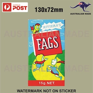 May include: A vintage box of Riviera's Fags sweets. The box is red and white with a cartoon illustration of two children playing on a yellow path. The text "Riviera's Fags" is printed in black on the box. The box is 130mm by 72mm.