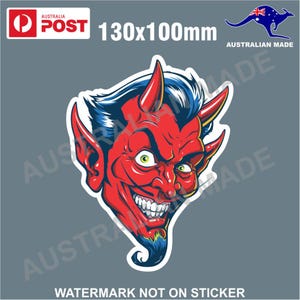 May include: A red devil sticker with blue hair and green eyes. The sticker is 13cm x 10cm and made in Australia. The devil has a wide grin and horns.