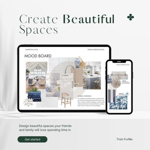 May include: A mood board for a Hamptons style home interior design. The board features a living room with white furniture, a kitchen with a blue island, and a variety of blue and white patterned fabrics. The text "MOOD BOARD" is at the top of the board.