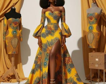 May include: A yellow, off-the-shoulder gown with a high slit and long train. The dress has a floral pattern in blue, green, and orange. The model wears gold heels. Two mannequins display similar dresses.