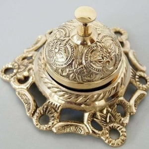Brass desktop calling bell | Vintage hand-made engraved table desk bell | Carved decor table bell | Antique Brass reception bell|