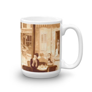 Mug, French Cafe Scene, Paris, France, painted with coffee, coffee art, coffee painting, cafe society, coffee shop, coffee lover gift