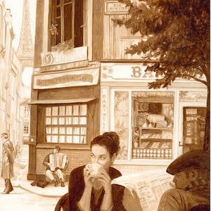 coffee art, painted with coffee, espresso, coffee shop, Paris, France, French, sidewalk cafe, musician, Eiffel