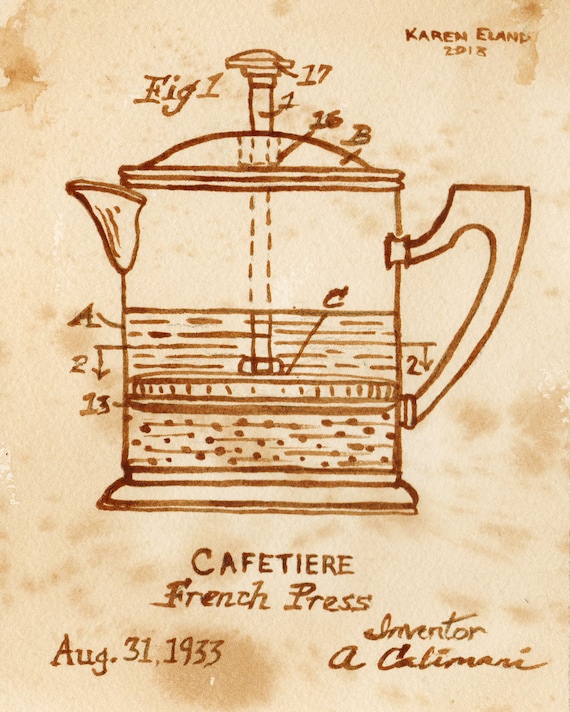 Coffee Art, French Press Patent, Painted Using Only Coffee