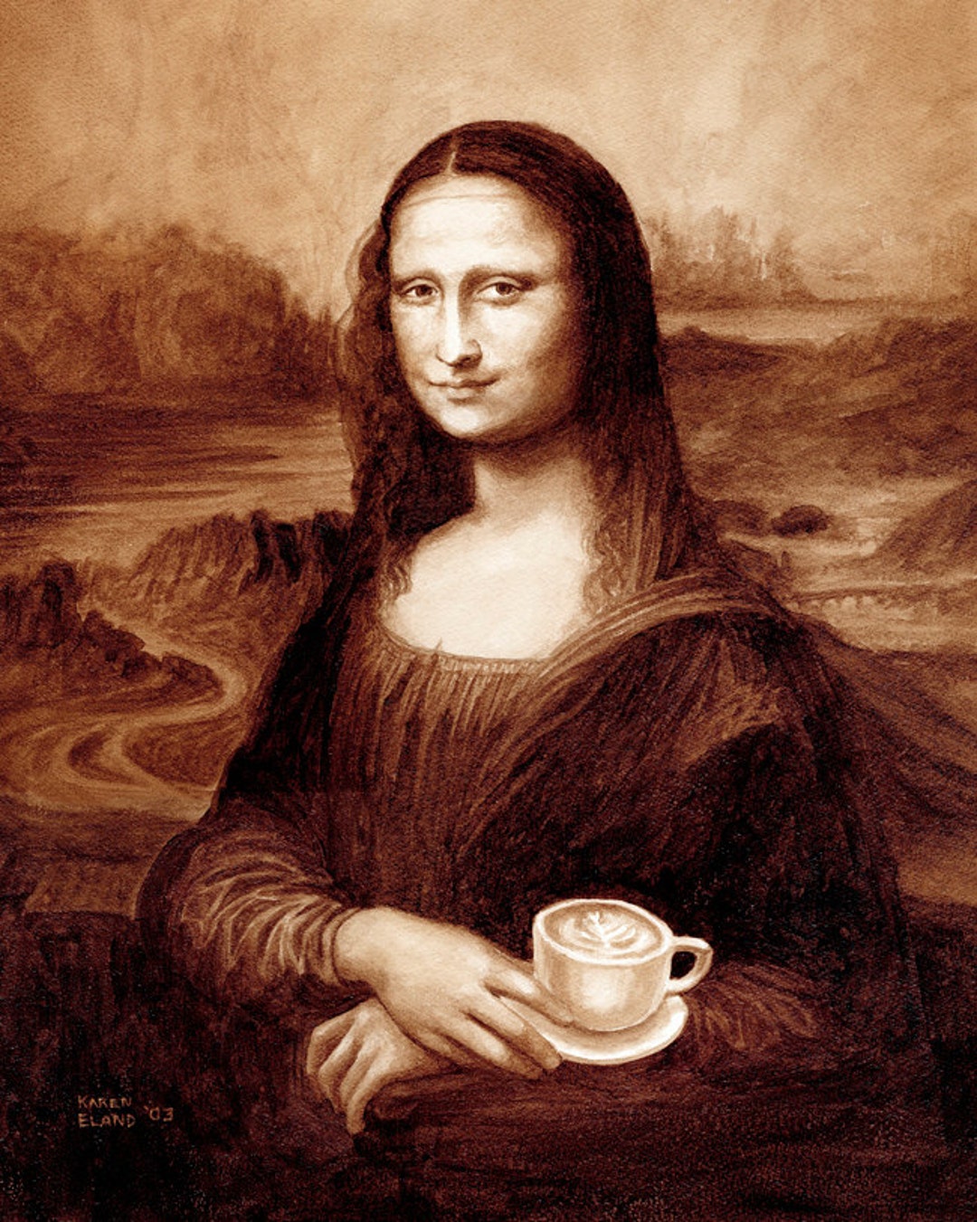 Coffee Art, Mona Latte, Painted Using Only Coffee, Drinking Coffee Art, Mona Latte, Painted Using Only Coffee, Drinking