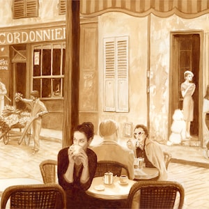 coffee art, Views from a French Cafe, painted using only coffee, sidewalk cafe, Paris, France, dancing, musician, coffee shop, romantic