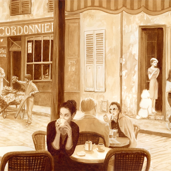 coffee art, Views from a French Cafe, painted using only coffee, sidewalk cafe, Paris, France, dancing, musician, coffee shop, romantic