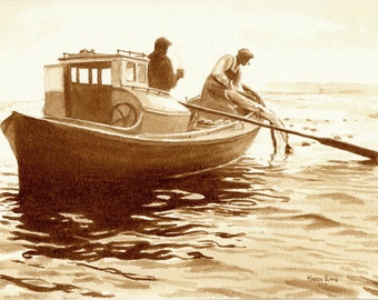 coffee art, Gilnetting in Astoria, painted using only coffee, boat, fishing, fishermen, river, sea, ocean