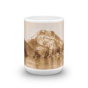 Mug, Mountain Lake, coffee lover gift, coffee art, painted with coffee, Oregon, South Sister, coffee cup, large mug, nature lover