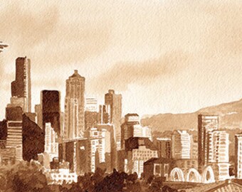 coffee art, Seatte Skyline, painted using only coffee, Seattle, city, downtown, panorama, espresso