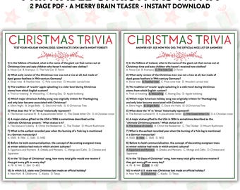 Könnte beinhalten: Ein druckbares Weihnachts-Quiz auf zwei Seiten mit zehn Multiple-Choice-Fragen zu Feiertagsfolklore und Geschichte. Das Dokument enthält ein Fragenblatt und einen Antwortschlüssel mit hervorgehobenen richtigen Antworten in rotem und grünem Text.