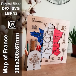 Landkarte von Frankreich aus Holz mit Schreibtisch Organizer - lehrreiches & dekoratives Geschenk