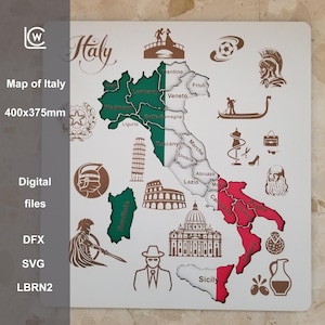 Laser Cut Wooden Map of Italy – Regions & Landmarks for Learning and Decor