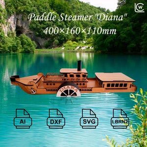 May include: A wooden paddle steamer model named "Diana" floats on water. The model is brown with a white paddle wheel and an anchor detail. The text "Paddle Steamer Diana" and dimensions 400x160x110mm are visible.