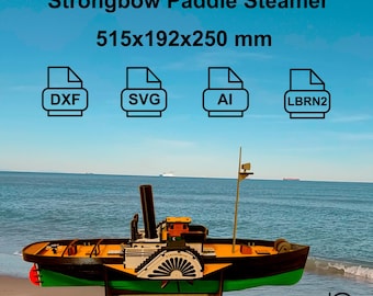 May include: A wooden model of a paddle steamer, painted black, green, yellow, and red, with the text "Strongbow Paddle Steamer" and file type icons. The model measures 515x192x250 mm.