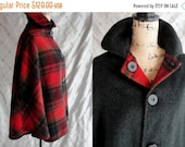 ON SALE Vintage Cape Vintage 60 39 s Red Plaid Dark Green Wool Short Poncho Cape Reversible