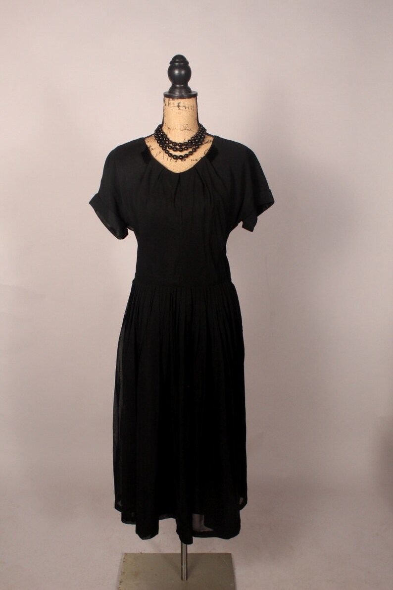 50s Black Dress, Vintage 50s Dress, 50s Black Chiffon Dress, 50s Dress by Forever Young Puritan, 50s Dress Size L, Black Dress 30 waist image 2