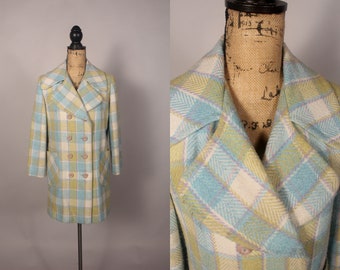 Vintage 60s Pastel Blue Green Plaid Check Coat Size M